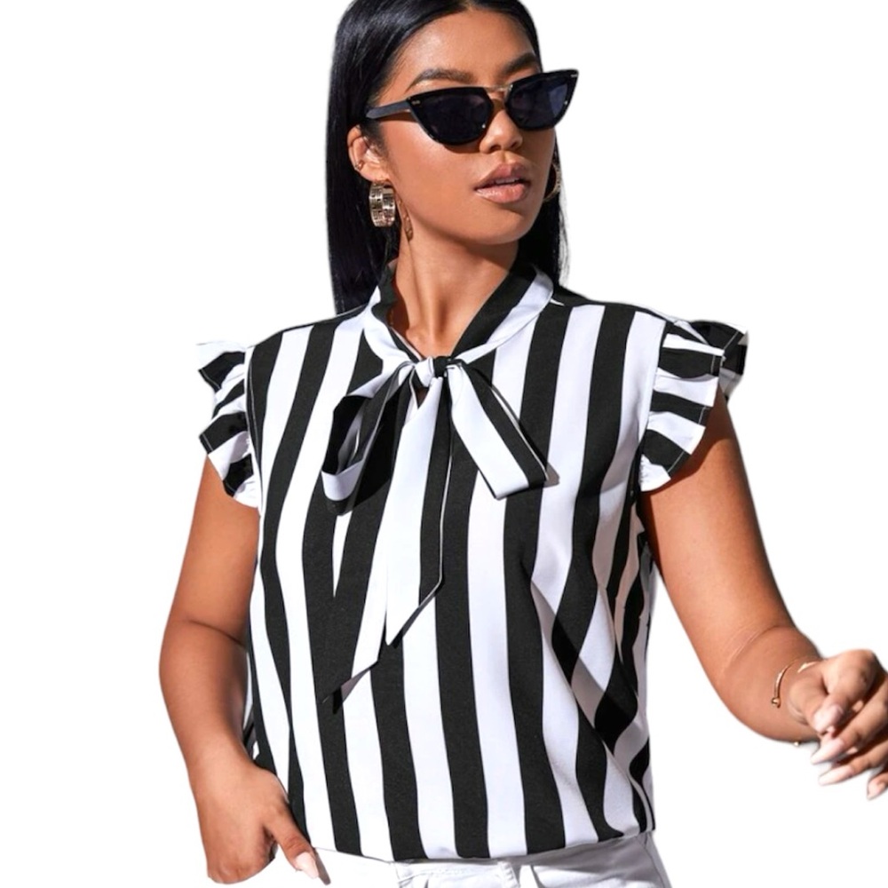 Black White Vertical Stripe Sleveless Bow Tie Lavallière Top Ruffles EUC